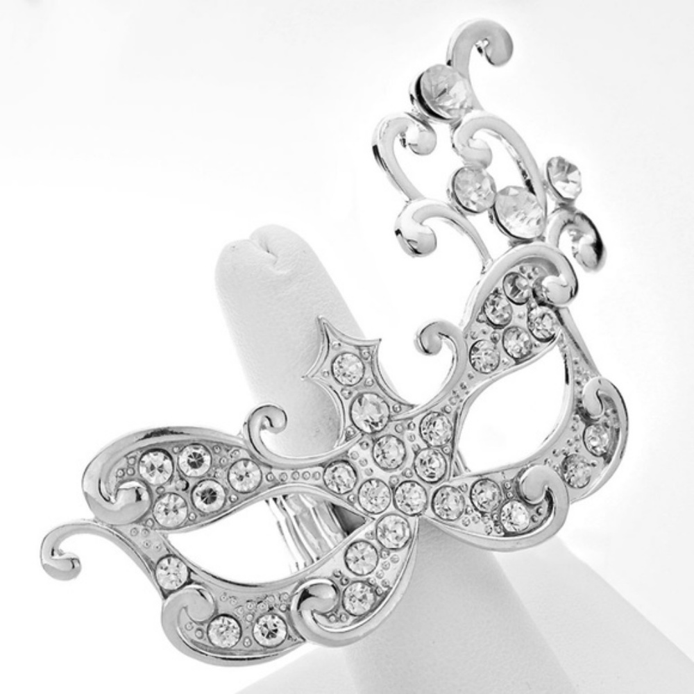 Silver Crystal Masquerade Mask Stretch Ring